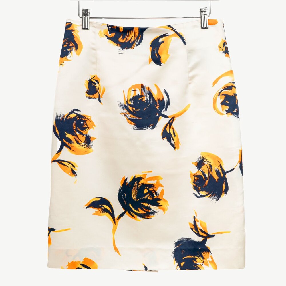 Christian Dior White Silk Floral-Print Pencil Skirt